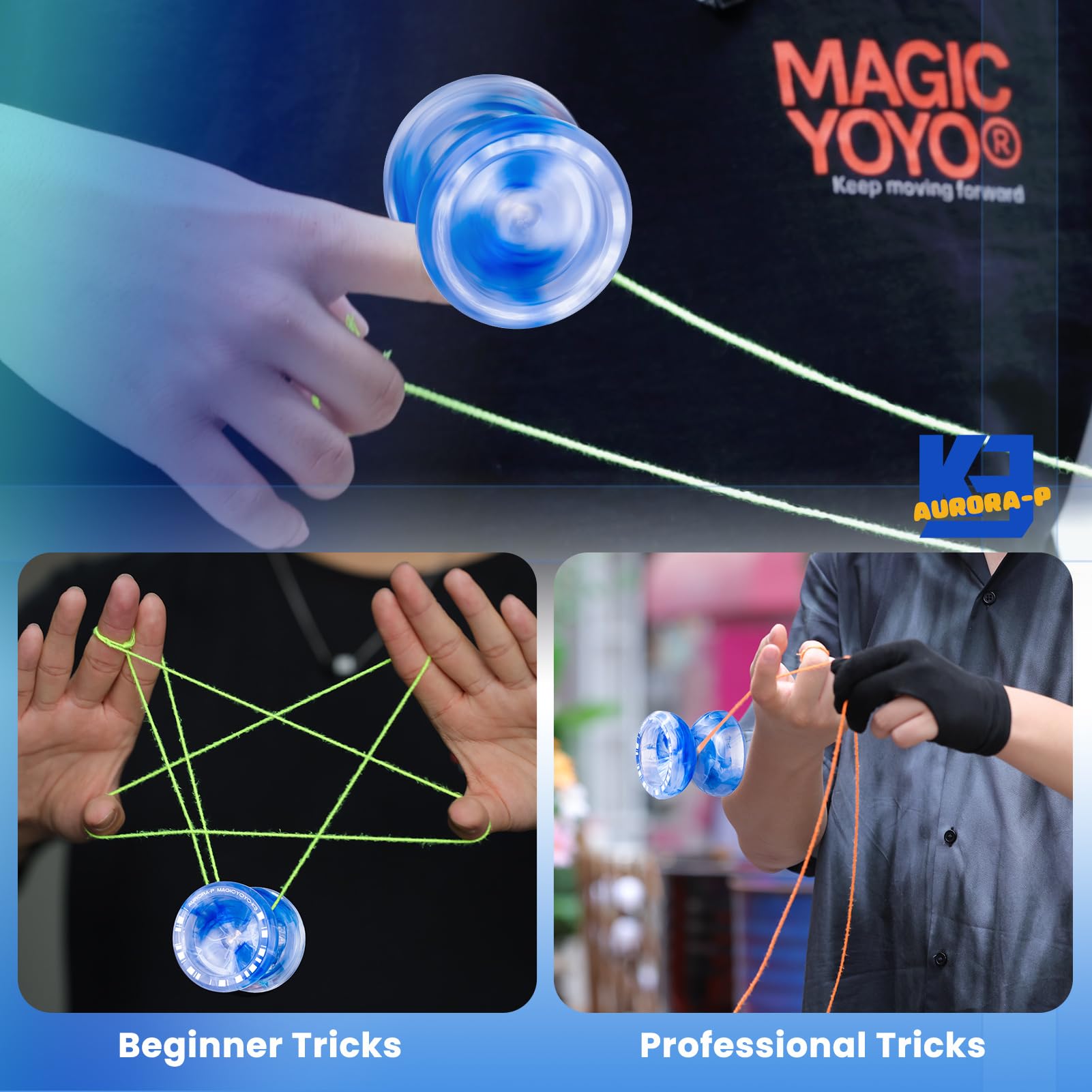 MAGICYOYO K3 Aurora-p Kids Pro Yoyo‌ – Responsive Yoyo for Kids 8-12 | Unresponsive Yo-yo Bearing & Crystal Plastic Design with 12 Strings + Bag | Learn Tricks(Blue/White)