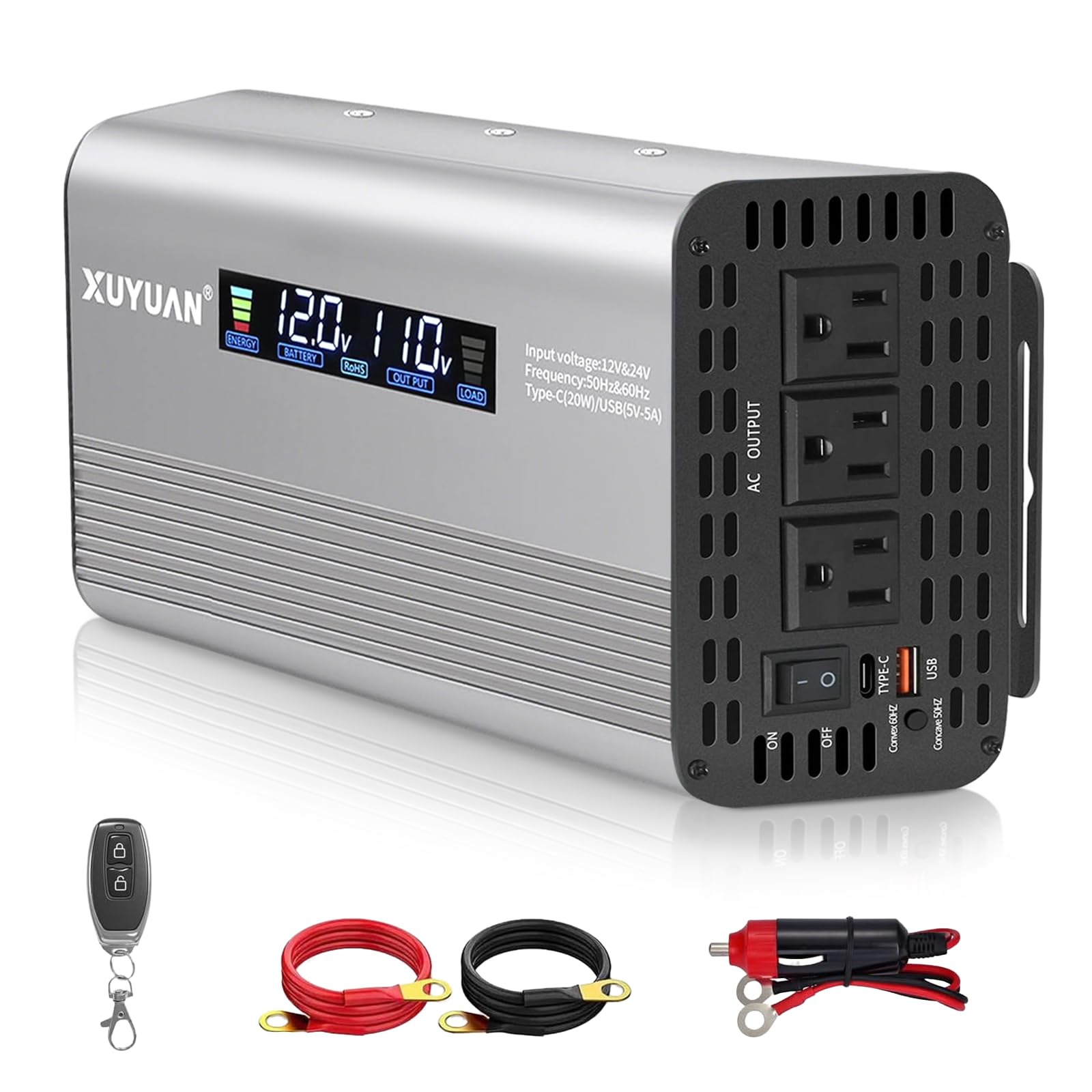 Photo 1 of 1500W Pure Sine Wave Inverter, 12V/24V Auto-Detect, 50Hz/60Hz Switchable, LCD Display, Type-C Fast Charging, Silent Design, Overload & Overheat Protection for RV, Home