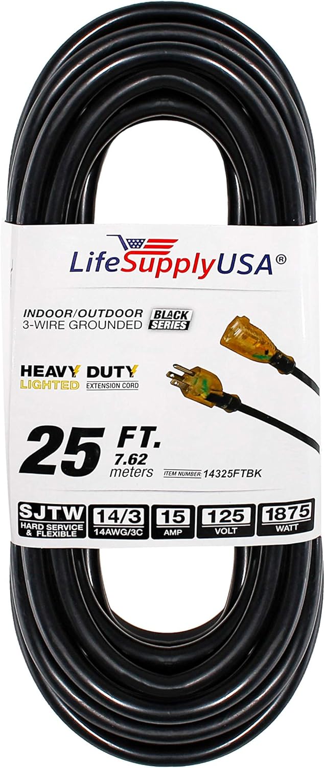 LifeSupplyUSA 14/3 25ft SJTW 13 Amp 125 Volt 1625 Watt 3 Prong Lighted End Indoor/Outdoor Black Heavy Duty Extension Cord (25 Feet)