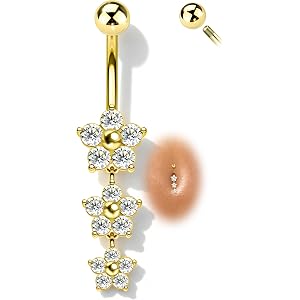 COCHARM Flower Belly Button Rings, 14G Dangle Belly Navel Rings for Women, 14K Gold Plated Navel Piercing Jewelry