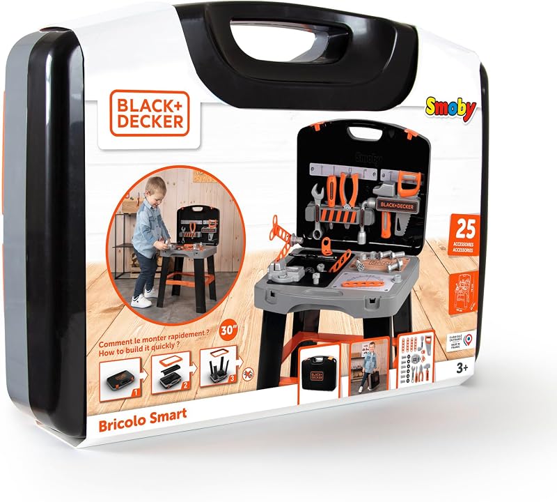Smoby bancada de trabalho smoby black & decker em maleta, 33 acessórios para martelar, furar e aparafusar (7600360734)