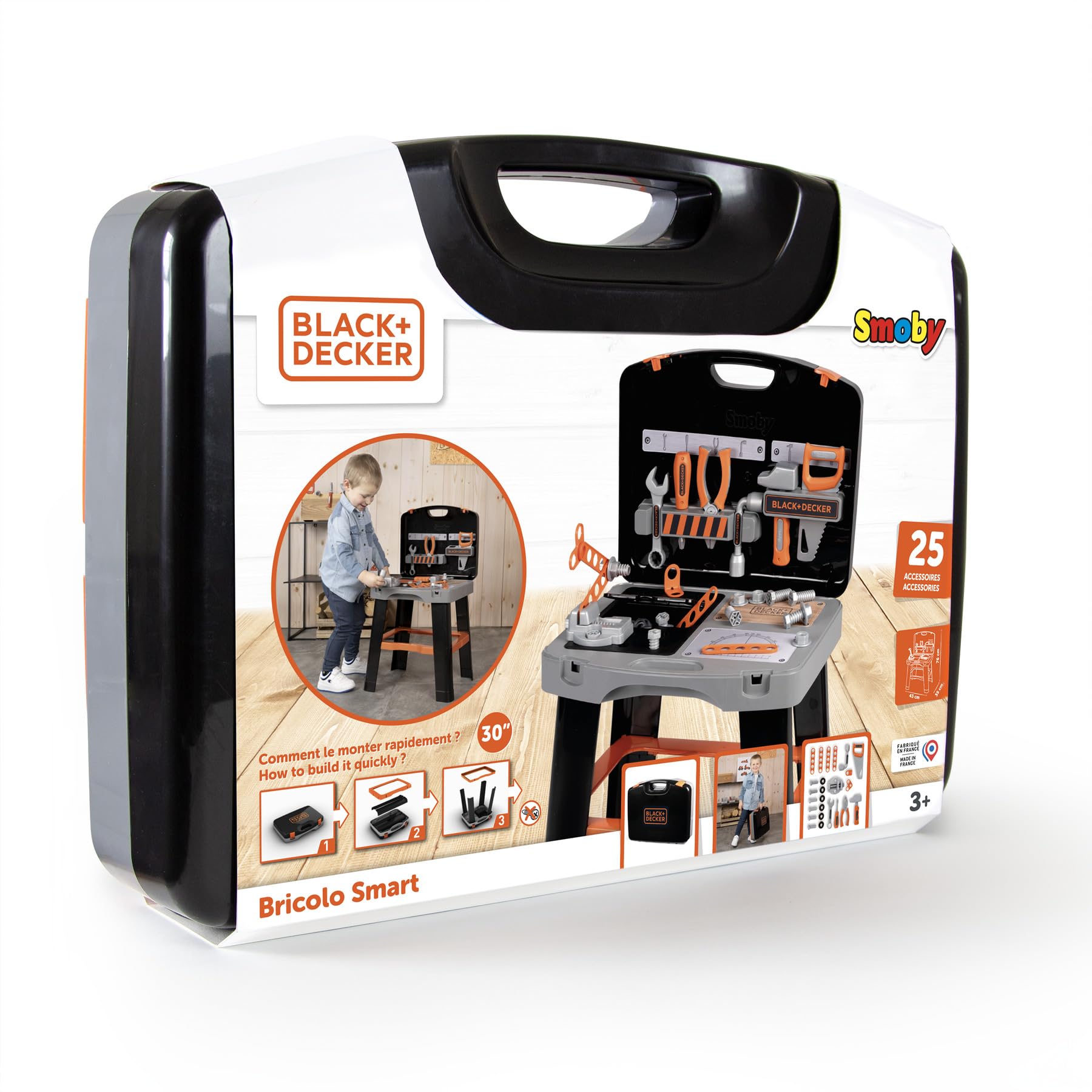 Smoby - Black+Decker Werkzeugkoffer Bricolo Smart (43x35x76 cm) - Werkbank-Koffer für Kinder ab 3 Jahre, Spielzeug mit umfangreichem Werkzeug-Zubehör und Tischbeinen zum Aufstellen 4