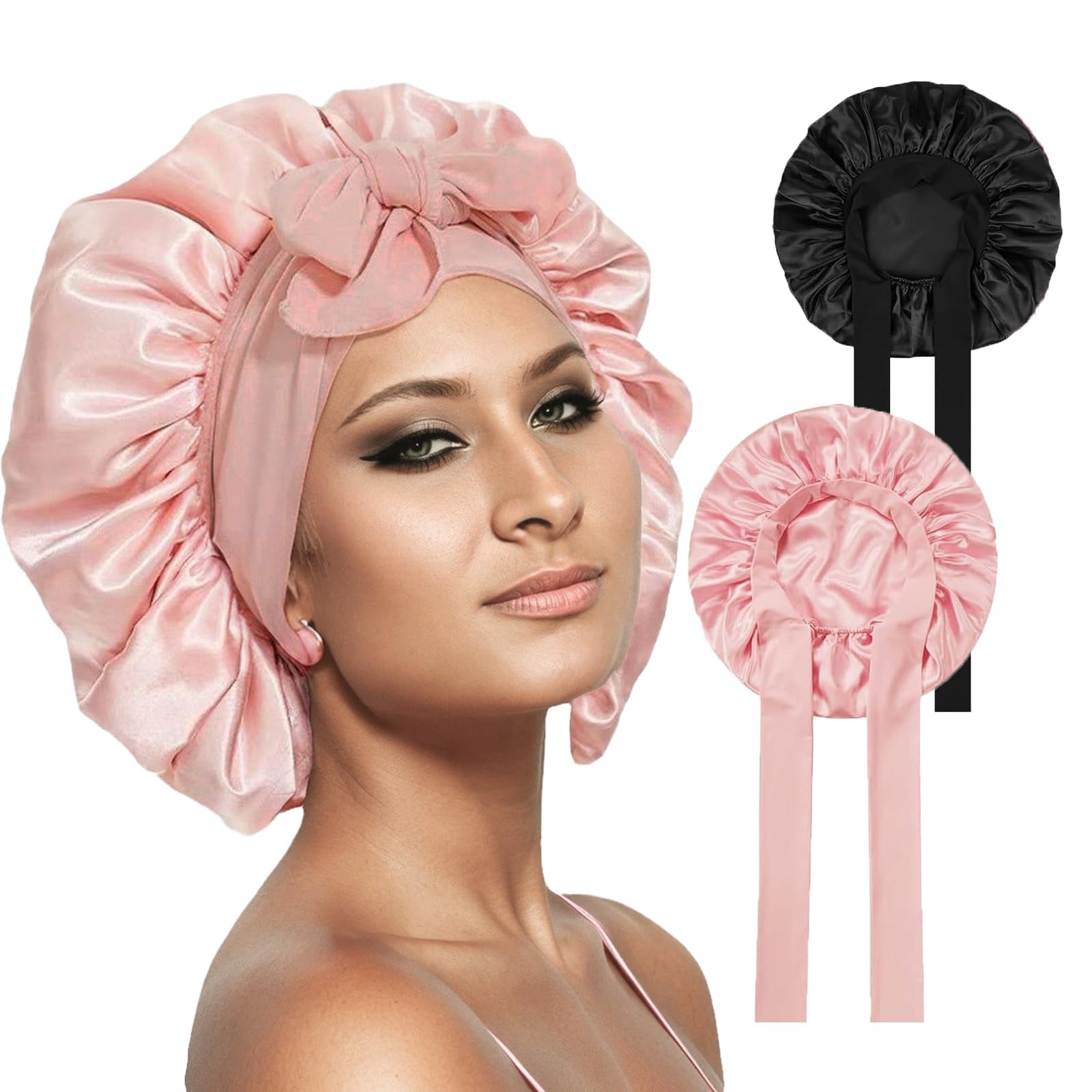 Luoqun88 Silk Sleep Bonnets for Women, 2PC Adjustable Satin Night Sleeping Cap Soft Elastic Band Silk Bonnets for Sleeping, Hair Bonnet with Tie Band for Curly Hair Braid Women (Black+Pink)