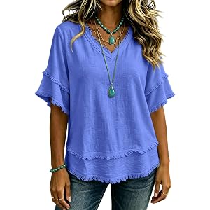 Womens Tops Summer Casual Fringe Distressed V Neck Shirts Short Sleeve Fringe Cotton Linen Blouses Raw Edge Hem