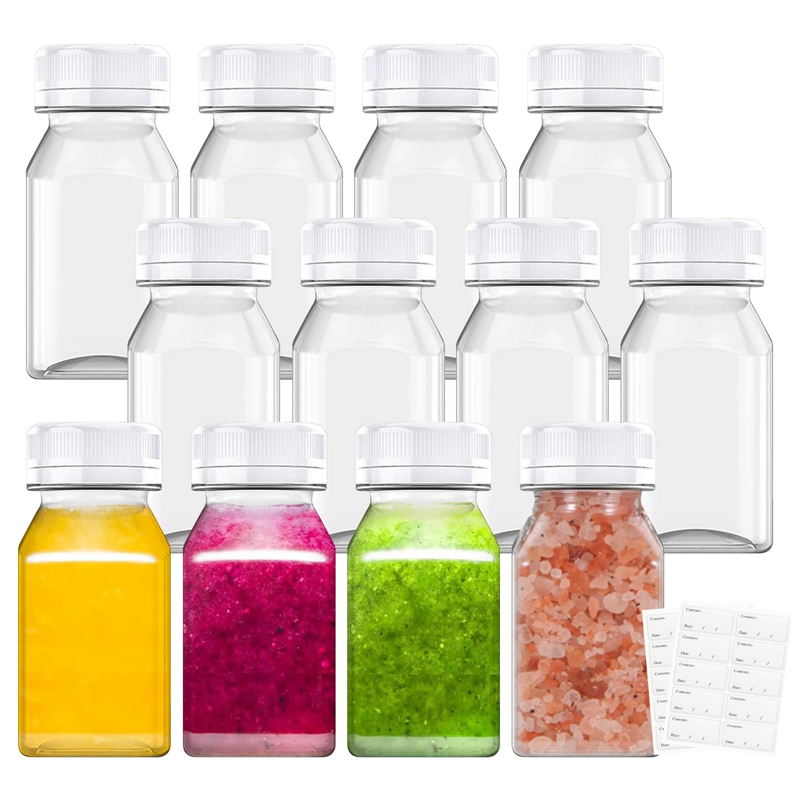 HXC Juice Bottles 12-Pack 4oz/120ml Shot Bottles with Lids - Reusable Small Plastic Juice & Smoothie Containers with Stickers