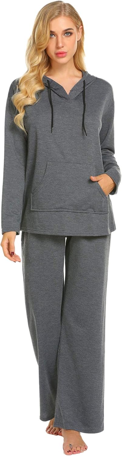 Ekouaer Sleepwear Women Long Sleeve Hooded Sweatshirt Casual Loungewear Wide Leg with Pocket Pajama Set Winter at  Women’s Clothing store