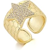 HZMAN 14K Gold Plated Ring for Women Dainty Cubic Zirconia Pentagram Ring Open Adjustable Statement Chunky Rings Jewelry Gift