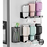 OVICAR Magnetic Cup Holder for Stanley 20/30/40oz - 2 Pack Tumbler Organizer for Refrigerator - Water Bottle Organizer with Straw Basket & 6 Hooks Tumbler Cup Lids Accessories Storage Black