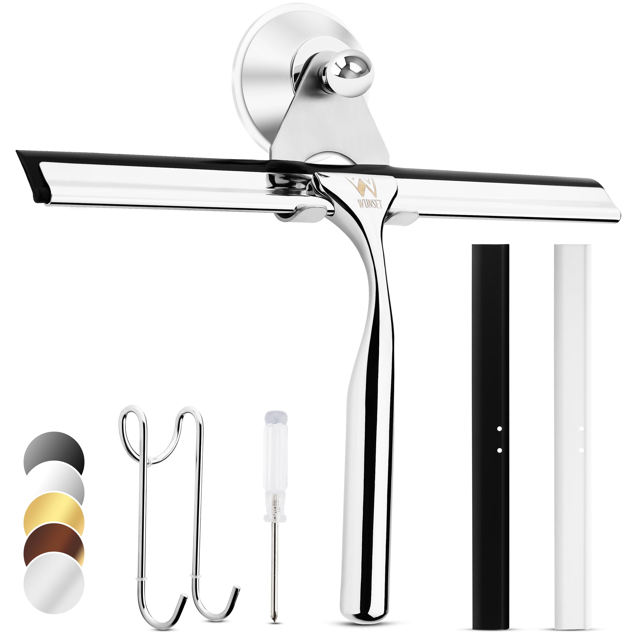 Wunset 25 cm Shower Squeegee, Large Silver Window Squeegee - 6 Pieces Set Including 2 Replacement Silicone Lips, Squeegee Shower Cleaner for Shower Doors and Various Smooth Surfaces (25 cm, Silver)