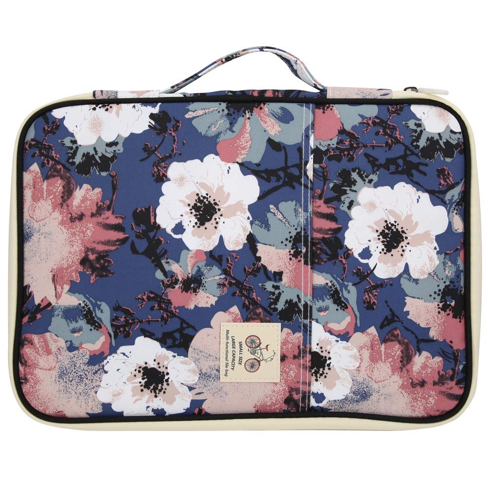 Briefcase A4 Multifunctional Oxford Folder Meeting Document Organizer A4 Briefcase File Cloth File Folder Bag(White Camellia)