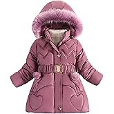 Happy Cherry Girls Winter Coat Heavyweight Fleece Kids Snow Puffer Jacket Hooded Warm With Waist Belt and Pockets