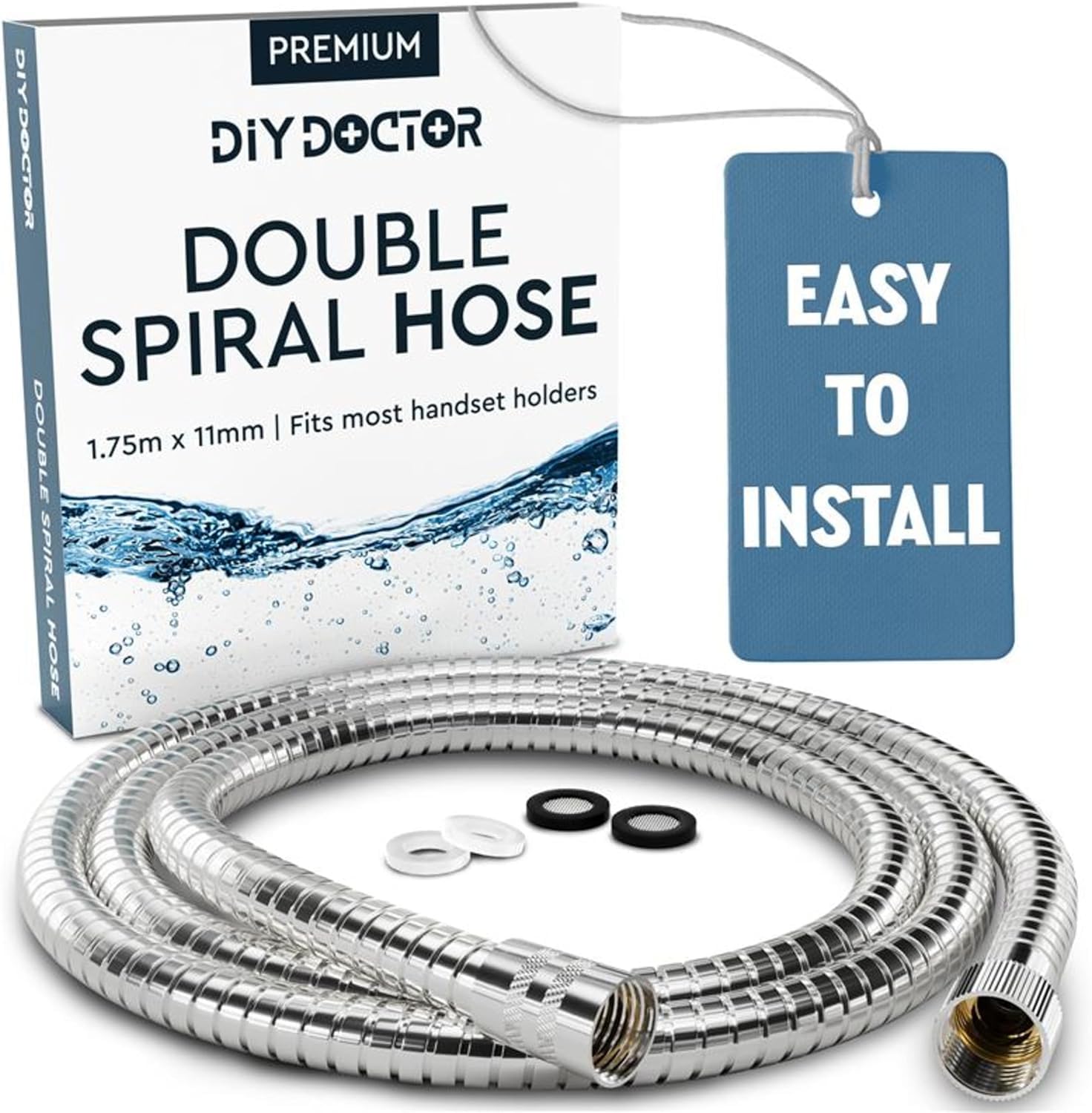 DIY Doctor Universal Shower Hose - 1.75m x 11mm Extra Long Shower Hose - Flexible - Longer Than 1m or 1.5m Options - Shower Pipe - Stainless Steel Hose with 4 Washers - Anti-Kink