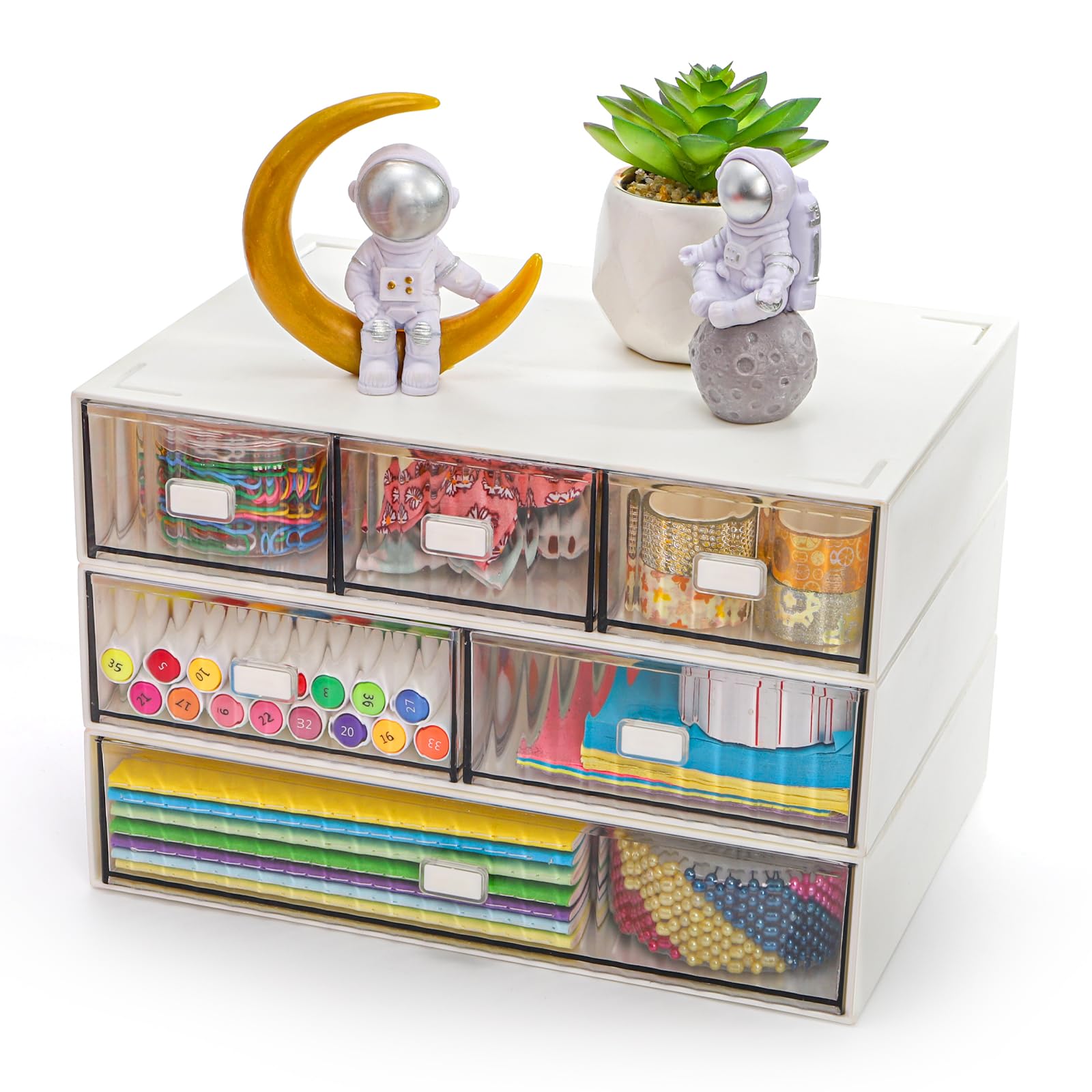 Hacaroa 3 Tier Mini Desk Organizer with 6 Drawers, Plastic Desktop Drawers Storage Box, Stackable Makeup Organizer Craft Storage Case for Office, School, Bathroom, Detachable Design, White