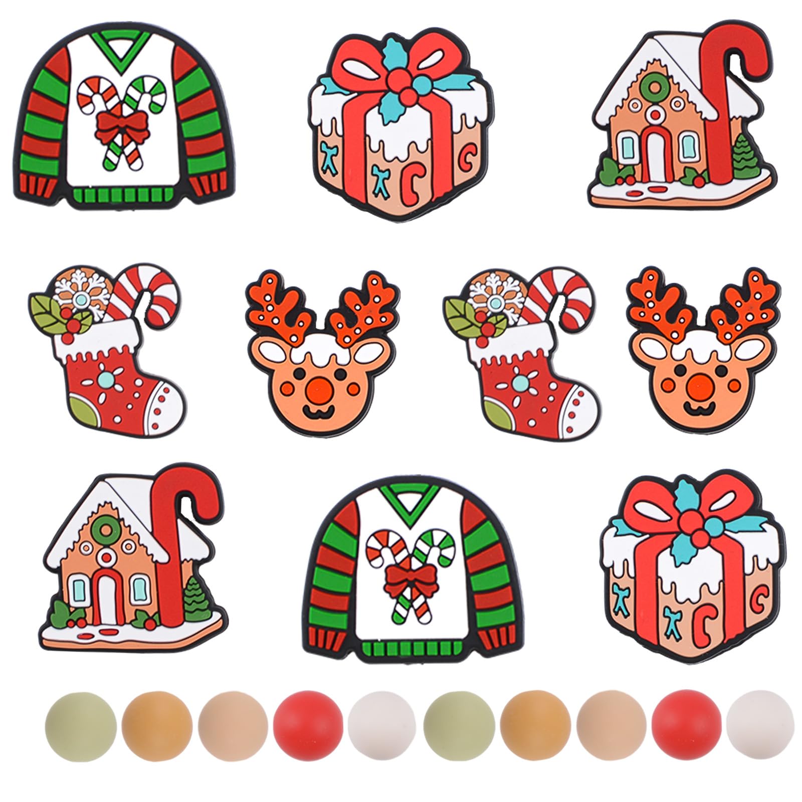 URROMA 20Pcs Christmas Silicone Beads Loose Beads with Deer Christmas Stockings Shape Irregular&Round Spacer Bead for DIY Pen Bracelet Craft Making
