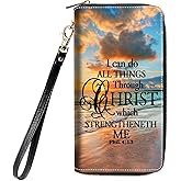 Women's Large Capacity Wallet, Portable PU Leather Zipper Wallet for Smart Phone/Card/Coin/Cash, Multifunctional Clutch Wallet with Removable Wristlet Strap, Christian Quote Bible Verse Phil 4-13