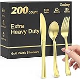 Dealusy 200 Count Heavy Duty Gold Plastic Silverware, 100 Forks, 50 Spoons, 50 Knives, BPA-Free, Heat Resistant, Disposable Plastic Utensils Set Cutlery Set, Plasticware Bulk