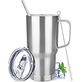 20 oz Tumbler with Handle Stainless Steel Insulated Coffee Mug Tumbler with Lid and Straw Double Wall Vacuum Insulated Coffee Mug Leak Proof Travel Mug Tumbler for Hot and Cold Drink (Silver,1pack)