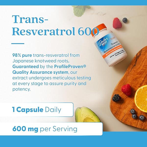 DOCTOR’S BEST TRANS- RESVERATROL 600, 98% PURE TRANS-RESVERATRO, NON-GMO, GLUTEN FREE, SOY FREE, VEGAN 60 VEGGIE CAPS