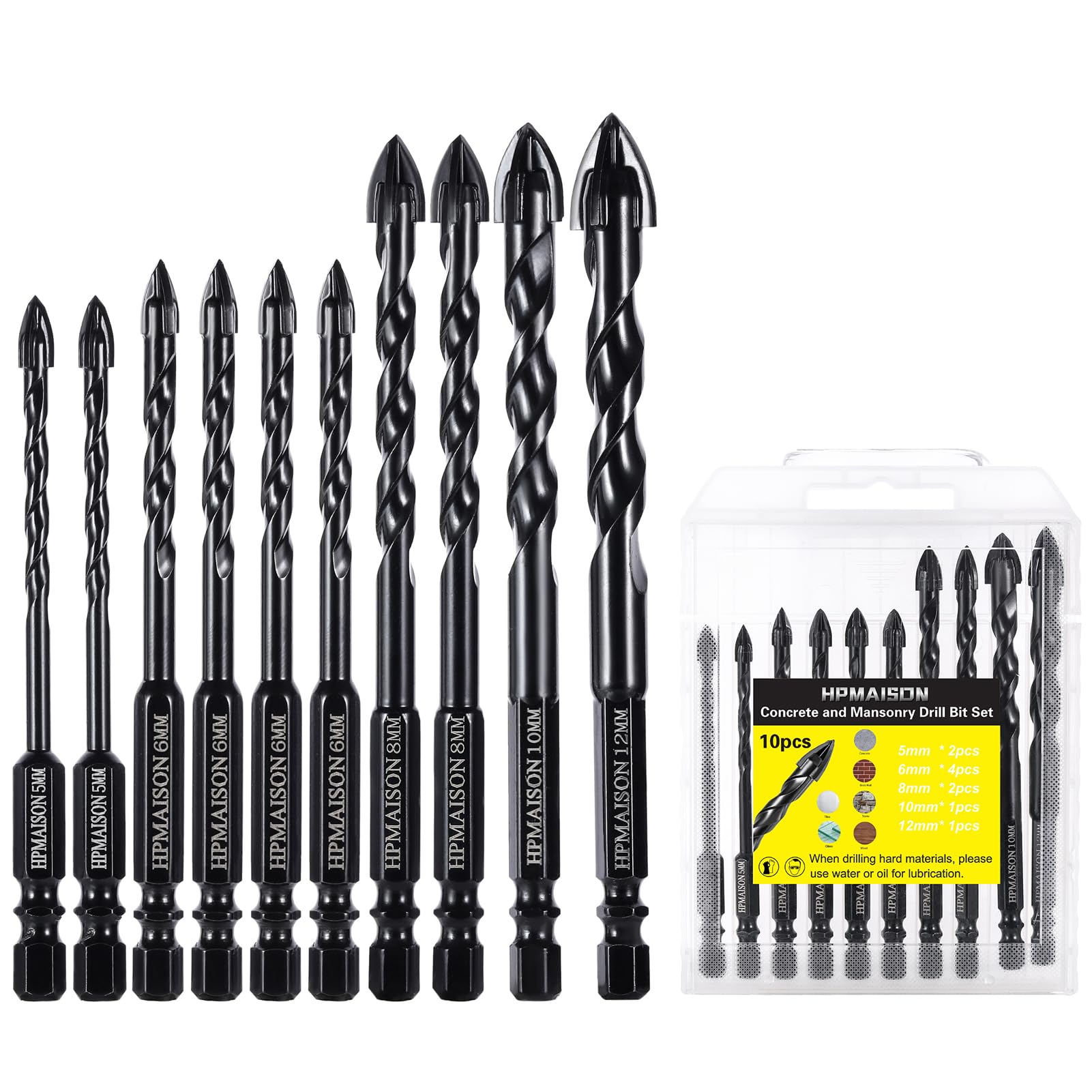 HPMAISON 10PCS Masonry Drill Bits, Tungsten Carbide Tip Concrete Drill Bit Set for Ceramic Tile, Brick Wall, Concrete, Wall Mirror, Glass, Plastic and Wood (5 5 6 6 6 6 8 8 10 12mm) — image 1