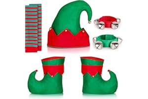 WAENEREC Christmas Elf Costume Accessories Set Elf Hat Shoes Socks Set with Band Wrist Bells for Men, Women, Xmas Holiday Party Costume Props, Red and Green