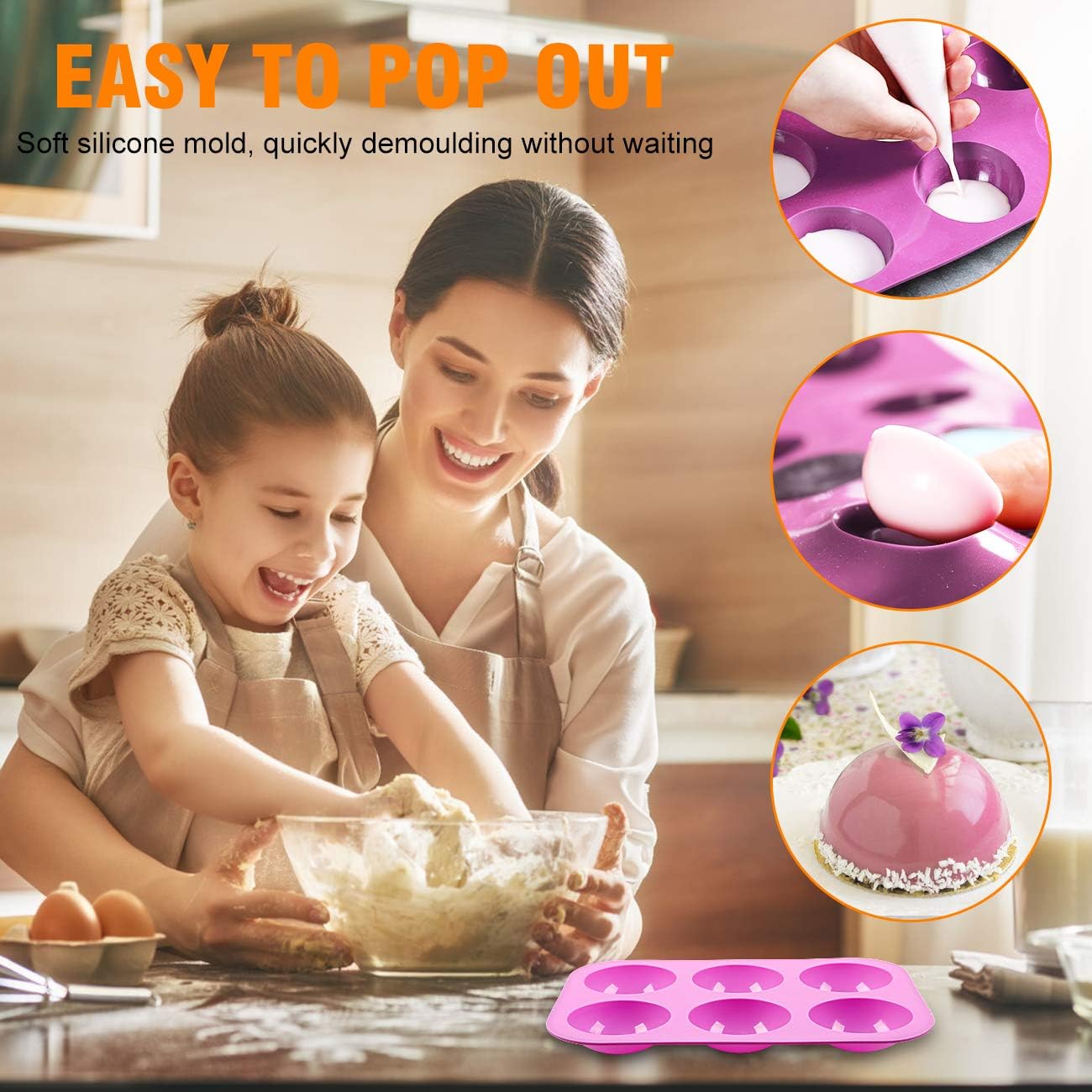2 Packs Medium Semi Sphere Silicone Mold, Baking Mold for Making Hot Chocolate Bomb, Cake, Muffin, Jelly, Candy, Pudding, Dome Mousse, Handmade DIY Mold, 6 Holes Half Ball Sphere Silicone Cake Mold: Kitchen & Dining
