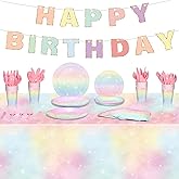 Teling 172 Pcs Rainbow Birthday Decorations, Pastel Rainbow Plates, Birthday Plates and Napkins Serves 24, Disposable Paper Tablecloth Cups Fork Happy Banner for Baby Shower Easter Party Decoration