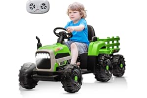 ZYERCH 24V Kids Ride on Tractor with Trailer, Dual 200W Motors Boost Power Torque Remote Control, Electric Car for Kids with Three Speeds Adjustable, USB, MP3, Bluetooth, LED Light, Safety Belt, Green