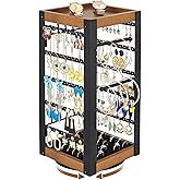 keomaisyto Rotating Earring Holder, Jewelry Holder Organizer with Ring Tray/Necklace/Bracelet Hooks, 360°Earring Organizer with Stable Bamboo Base for Jewelry Display (Patent Pending)