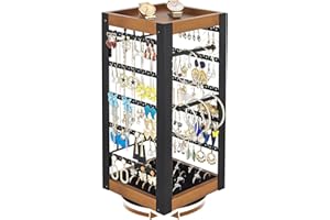 keomaisyto Rotating Earring Holder, Jewelry Holder Organizer with Ring Tray/Necklace/Bracelet Hooks, 360°Earring Organizer with Stable Bamboo Base for Jewelry Display (Patent Pending)