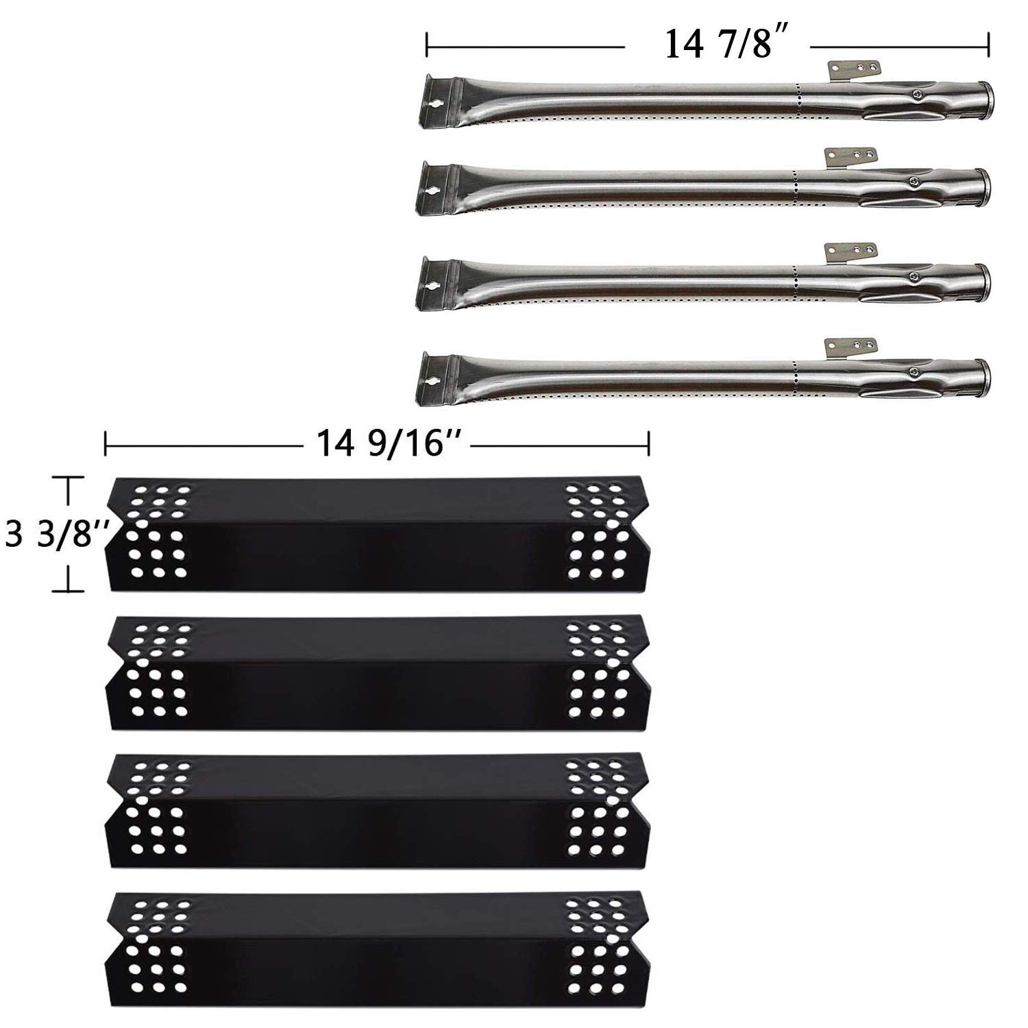 BBQ-Element Gas Grill Heat Plates & Burners Replacement Kit for Nexgrill 720-0830H, 720-0783E, 720-0830A, 4 Pack Replacement Grill Burners & Heat Shields for Kitchen Aid, Members Mark and Others.