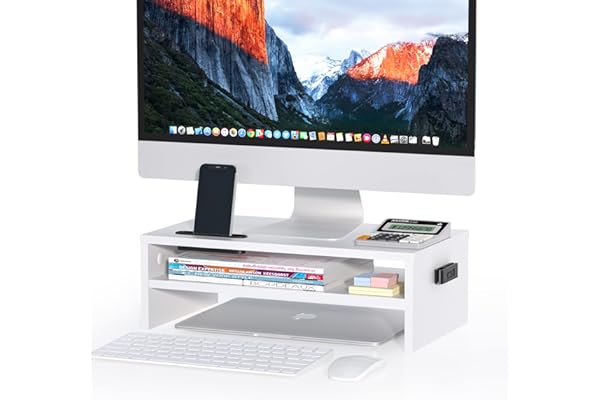 BONTEC Wood Monitor Stand Riser, Desk Monitor Stand with Smartphone Holder, Ergonomic Laptop Stand with Cable Management for