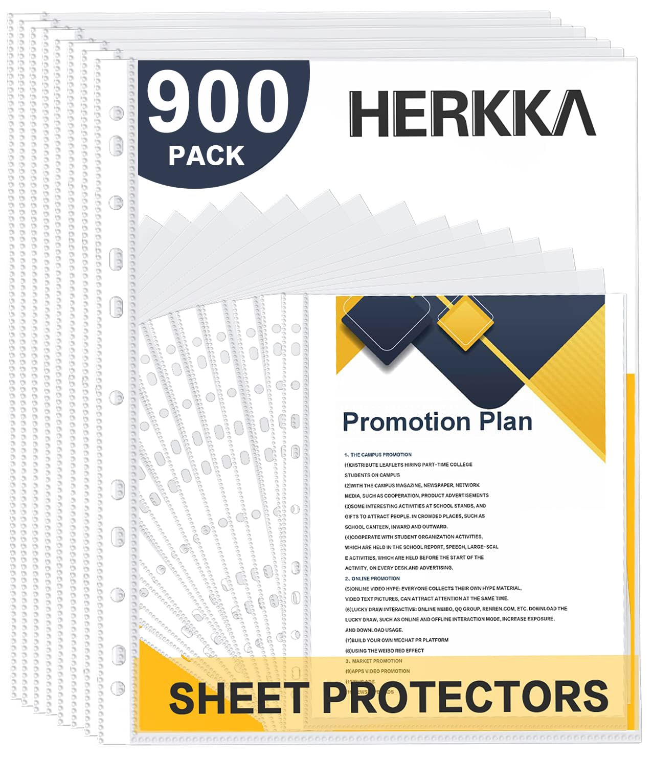 Sheet Protectors, HERKKA 900 Pack Heavy Duty Clear Plastic Page Protectors Sheet Reinforced 11-Hole Fit for 3 Ring Binder Fits Standard 8.5 x 11 Paper, 9.25 x 11.25 Top Loaded, Acid Free Image