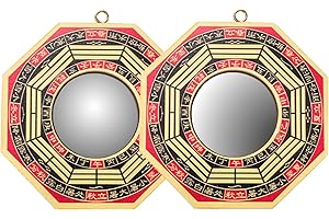 Suwimut Set of 2 Bagua Mirrors for Protection, 4 Inch Wood Traditional Chinese Feng Shui Mirrors, One Concave Mirror & One Convex Mirror for Home Business Lucky Protection Against Harmful Special