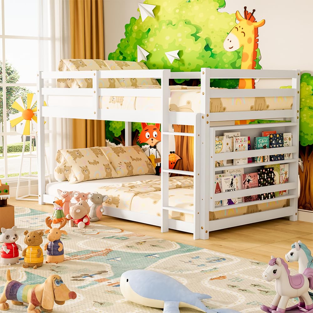 Photo 1 of TOLEAD Low Bunk Bed Twin Over Twin, Floor Bunk Bed with Bookshelf&Ladder, Twin Bunk Bed with Full Guardrails, Wooden Bunk Bed for Juniors, Boys, Girls, Kids, Bedrooms (White)