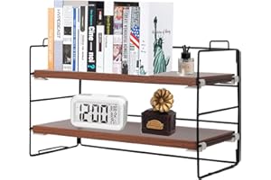 ShellKingdom Desk Shelf Organizer, 2 Tier Desktop Shelves, Adjustable Bookshelf Storage Rack and Office Cubicle Decor for Tabletop, School, Office, Dorm Organization (Black Frame + Wood Board)