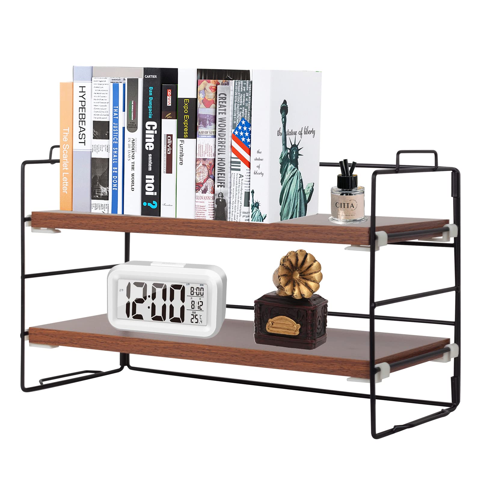 powerking Desk Shelf Organiser, 2 Tier Black Painted Metal Frame and Dark Teak Wooden Board Desktop Shelves, Multipurpose Display Bookcase Storage Rack for Table, Office and Reading Room