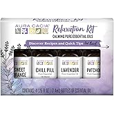 Aura Cacia Essential Oil Relaxation Kit, 4-Pack, Lavender, Patchouli, Sweet Orange, Chamomile, Sweet Basil & Learning Guide