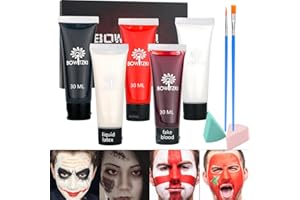 Bowitzki Halloween Makeup Kit Cream Face Paint Water Based Liquid Latex Fake Blood Brush Sponges Body Painting Special Effects SFX Zombie Vampire Monster Christmas Party red black white