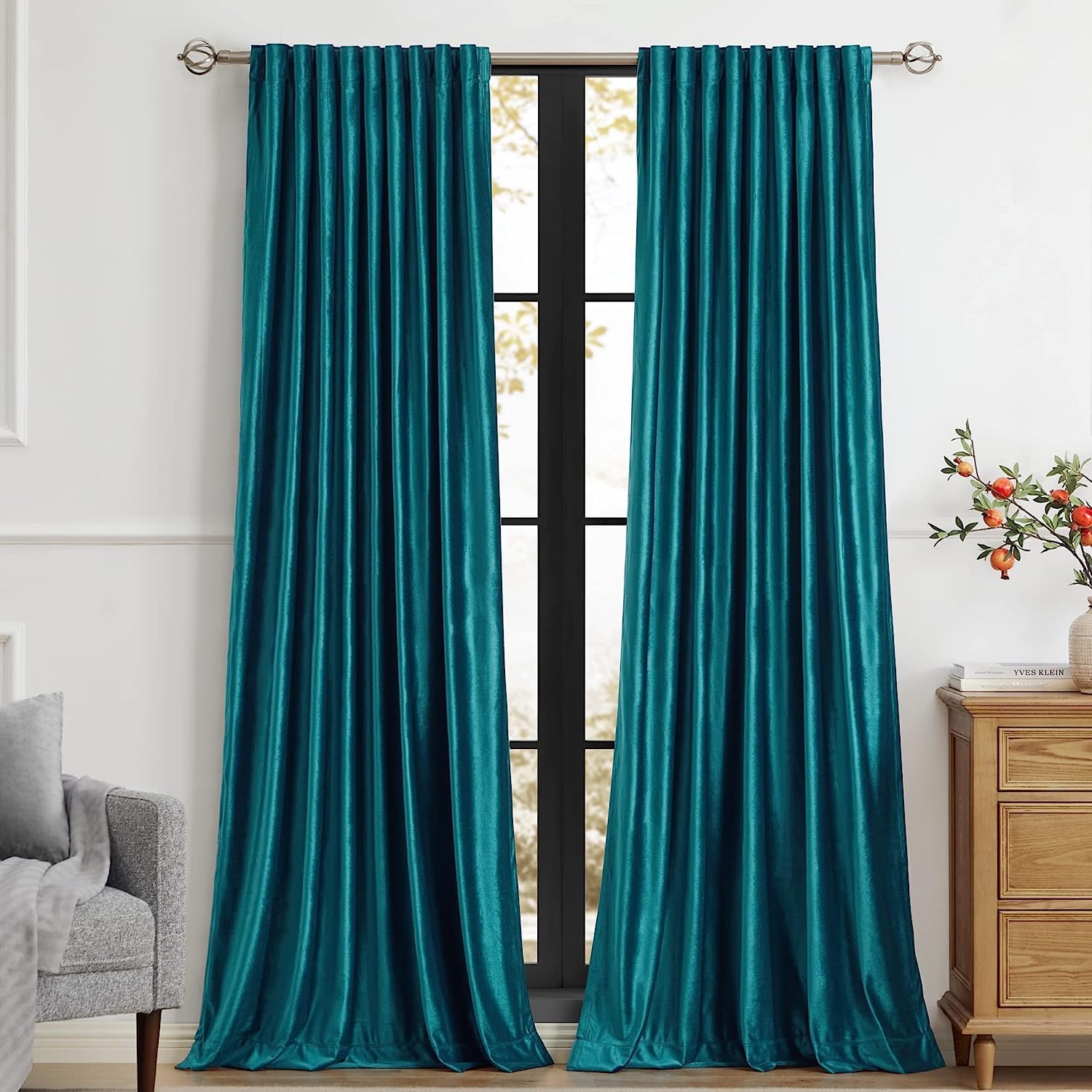 Photo 1 of PRIMROSE Teal Velvet Curtains 90 inch Long for Living Room,Set of 2 Panels Blackout Rod Pocket Back Tab Window Treatment Room Darkening Heavy Decorative Curtains Drapes for Bedroom