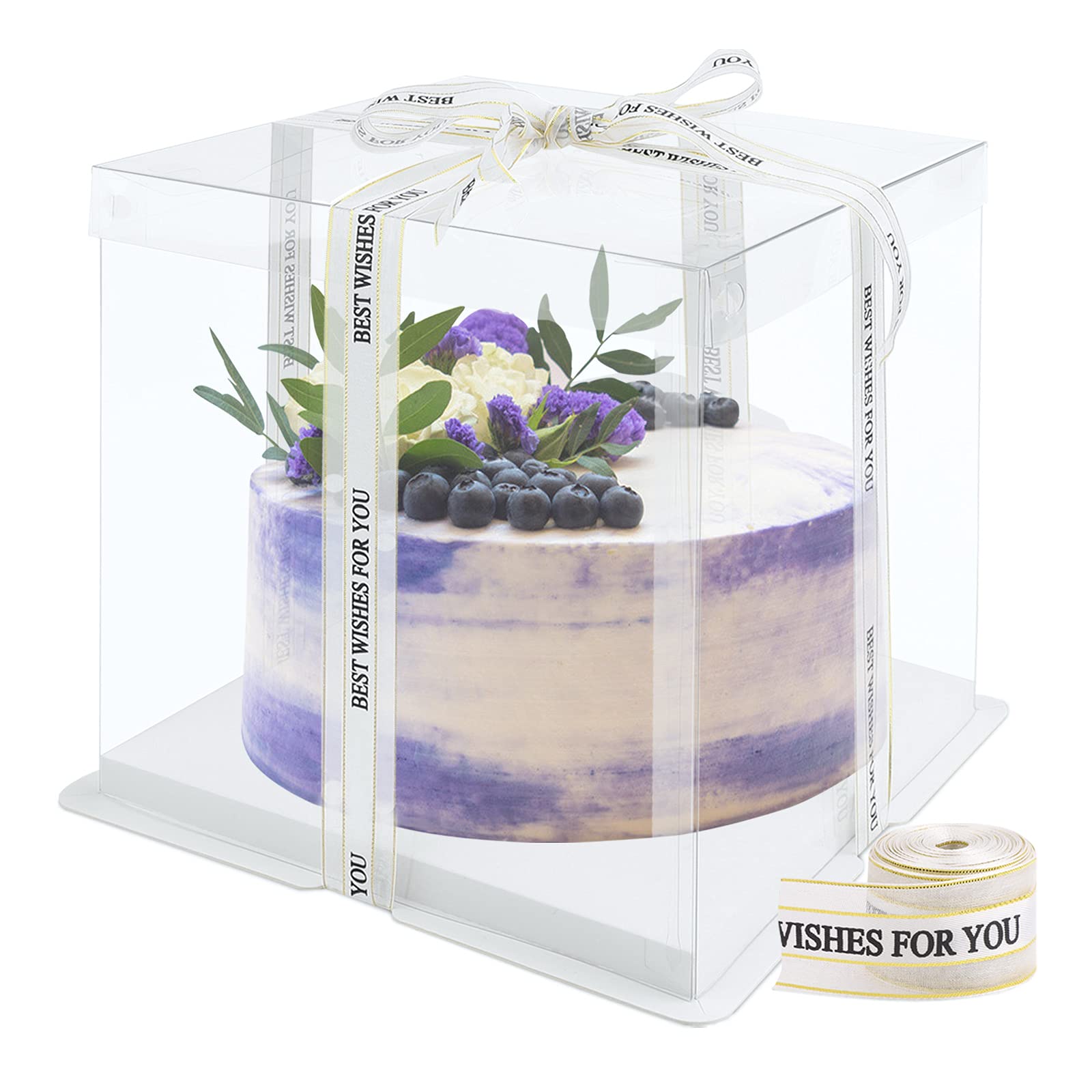 Transparent Cake Box Plastic Gift Box with Lids Double Layer Transparent Cube with Ribbon Base Bakery Packaging for Dessert 10 Inch