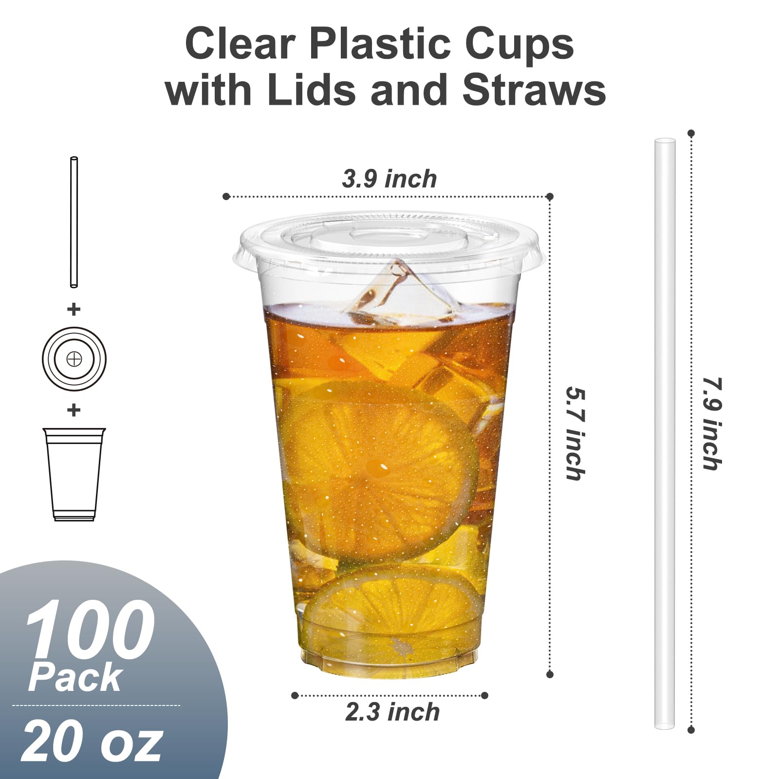 100 Pack - 20 oz Clear Plastic Cups with Lids and Straws, Sturdy & Food Safe Iced Coffee Cups with lids, Disposable Plastic Smoothie Cups for Cold Drinks