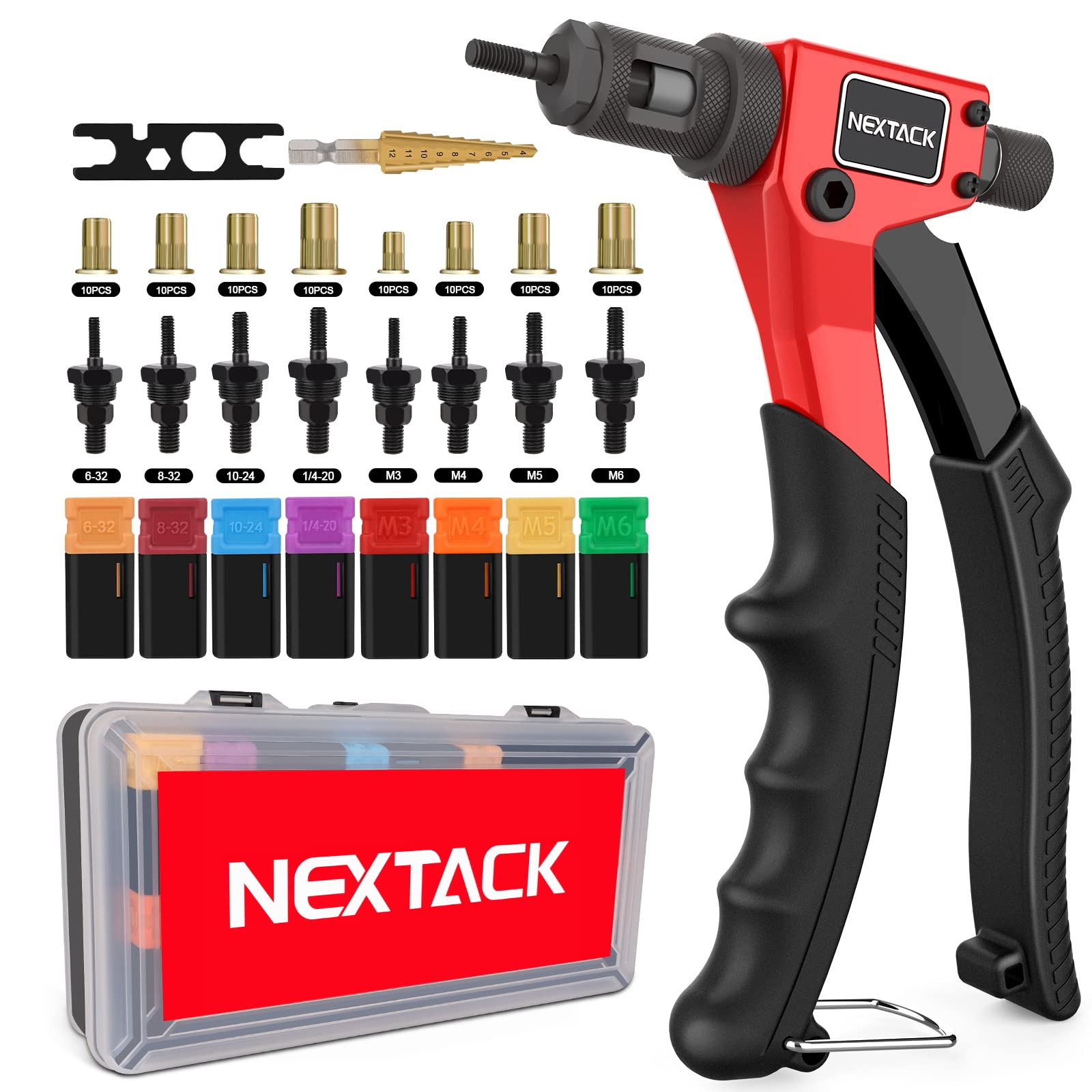 Photo 1 of NEXTACK Rivet Nut Tool Kit with a Step Drill Bit & 80 Nutserts for Tight Space, 8" Rivnut Tool Set Riveter with 8 Mandrels 6-32 8-32 10-24 1/4-20 M3 M4 M5 M6 in Organized Rugged Carrying Case NT600
