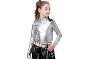 LOLANTA Metallic Dance Tops for Girls Long Sleeve Cropped Y2K Top Shiny Disco Streetwear Rave Party Festivals Costumes
