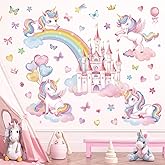 wondever Rainbow Castle Wall Stickers Unicorn Butterfly Balloon Peel and Stick Wall Art Decals for Baby Nursery Girls Bedroom Toddler Room