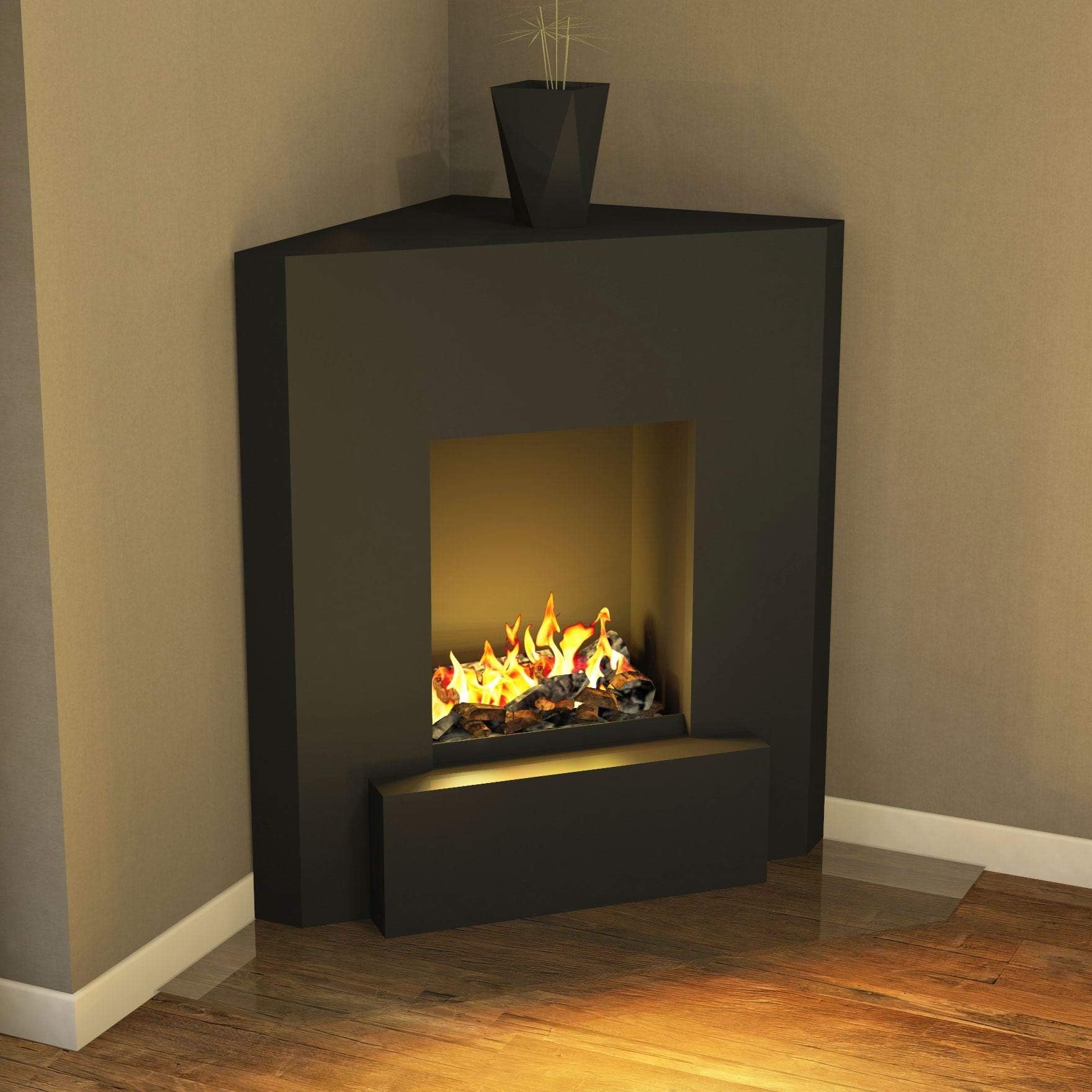 Muenkel Design Nook - Opti-Myst Electric Fireplace Eck-Kamin – Schenkelmaß 65 cm - with Heating (Engine68) - Aluminium Flamebed - Body Black-Grey