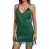 Umenlele Women's Layered Fringe Deep V Neck Cami Mini Dress Sleeveless Tassels Flapper Party Dresses Dark Green X-Small