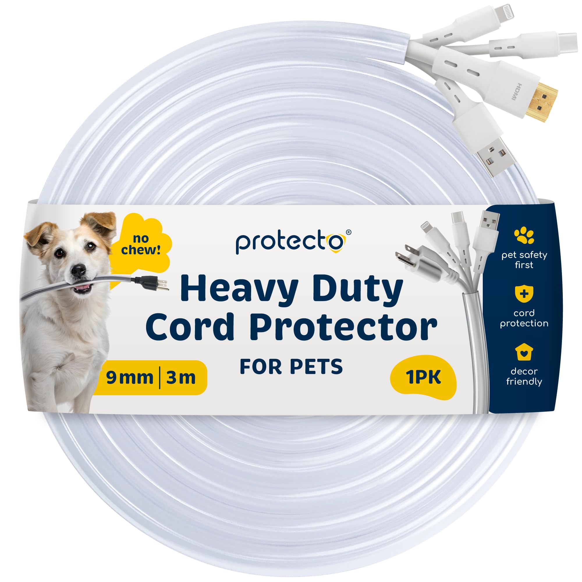 PROTECTO Wire Protector from Pets, Clear Cable Sleeve Animal Proof, 3m Odor-Free Cat & Dog Chew Resistant Floor Cable Cover, Plastic Cord Organiser for Power, Lightning, RCA & HDMI Cables