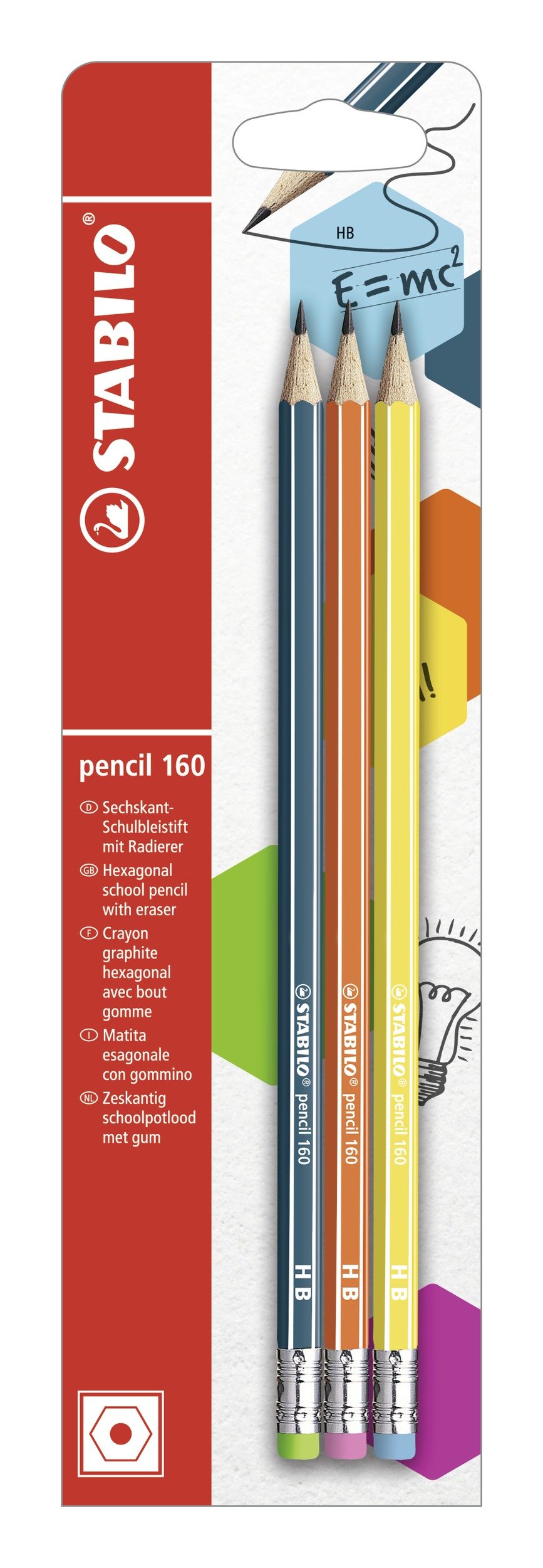 STABILO pencil 160 - Hexagonal Graphite Pencil with Eraser - Pack of 3 - Petrol, Orange, Yellow - Degree HB