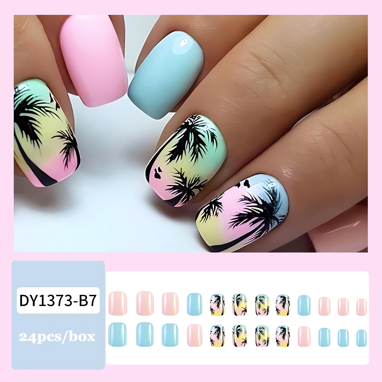 Short Press on Nails Square Fake Nails Summer Palm Tree Acrylic Nails Press ons Glossy Blue Pink Glue on Nails with Twilight Beach Designs Short False Nails Summer Artificial Nails for Women Girls - Image 2