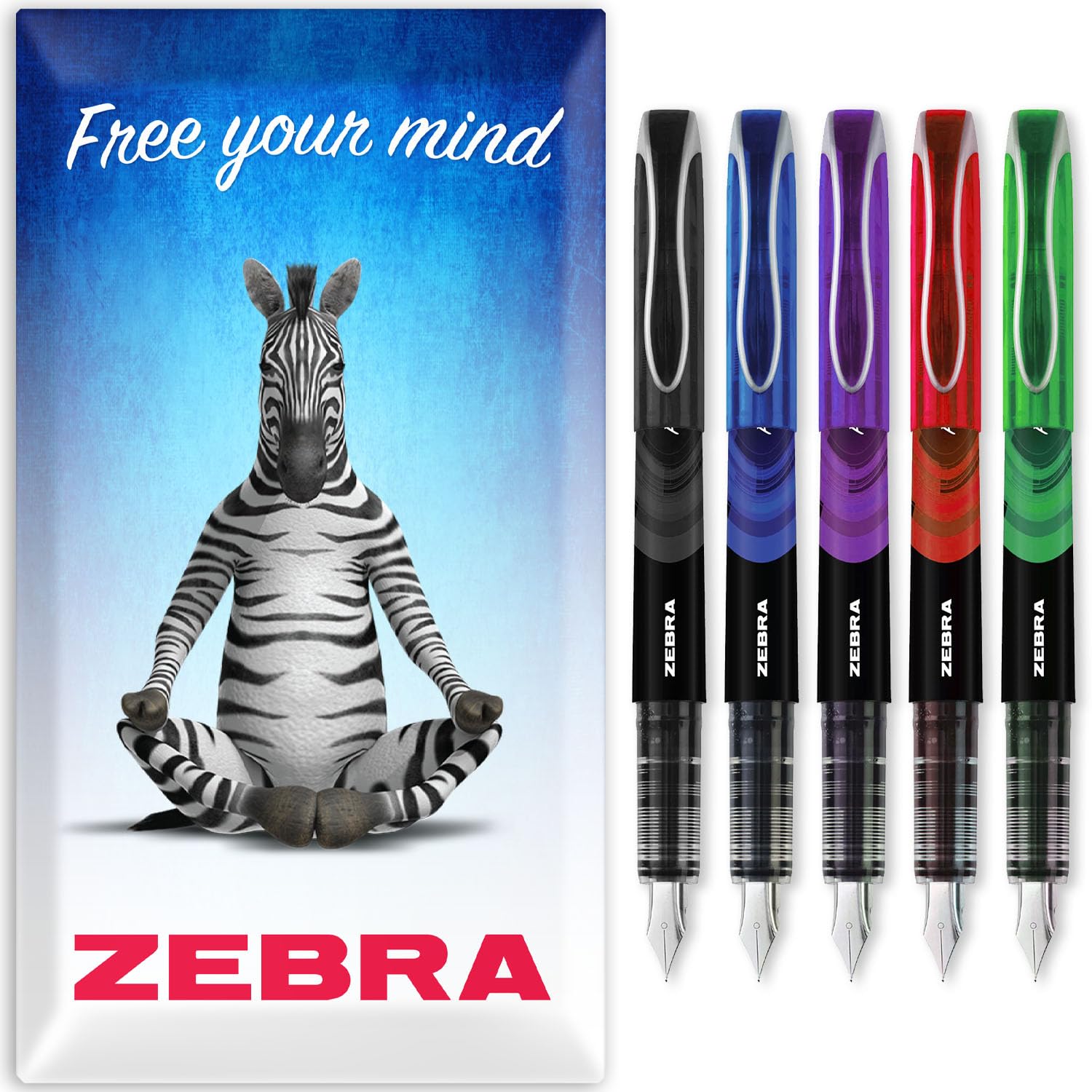 Zebra Fuente - Disposable Fountain Pen - Black, Blue, Red, Green, & Violet Ink - Pack of 5 - in Envelope Gift Packaging
